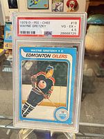 Front view of PSA-slabbed 1979 O-Pee-Chee Wayne Gretzky rookie card showing full card and PSA label