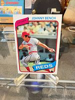 Front view of Johnny Bench 1980 Topps card on stand