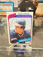 Front view of 1980 Topps Rod Carew card on stand