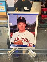Front view of Roger Clemens rookie card on stand