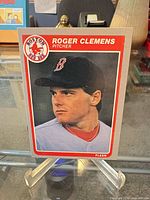 Front view of 1985 Fleer Roger Clemens rookie card on stand