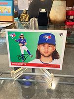 Front of Bo Bichette rookie card on stand