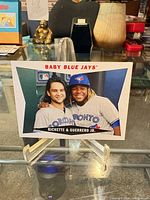 Front view of 2023 Topps Baby Blue Jays insert card on stand