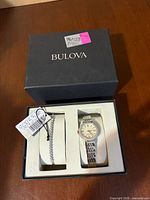Closed Bulova box showing watch and bracelet set inside
