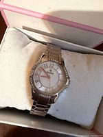 Bulova stainless steel wristwatch in box, dial visible