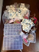 Overview of jewelry lot with organizer box, earring cards, pouches and necklaces