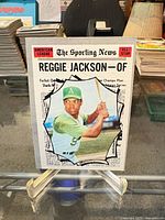 Front view of 1970 Topps Reggie Jackson All-Star card on display stand