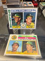 Front view of both Topps Oakland A’s Leaders cards displaying player images and stats