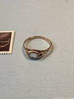 Ring on fabric next to stamp showing overall shape and stone