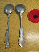 Front view of both teaspoons with poppy for scale