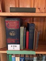 Shelf view showing nine assorted vintage hardcover books including Webster’s dictionary and others