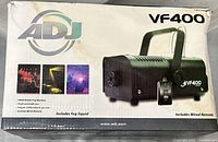 Front of retail box showing ADJ VF400 fog machine and wired remote