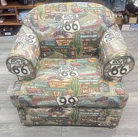 Front view of Route 66 patterned armchair
