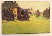 Full view of Evergreen lithograph panel on hardwood backing