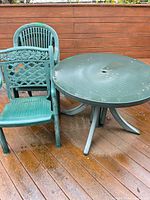 round green plastic patio table with two of the chairs