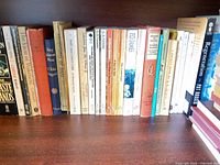 Shelf showing approximately two dozen assorted paperbacks; includes Regeneration and Ella Minnow Pea