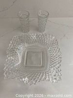 Square pressed glass bowl and two shot glasses front view