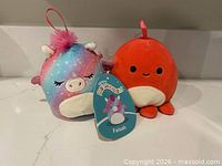 Front view of both Squishmallows showing size, color, features and hang tag