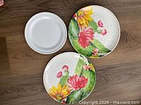 Top view showing all three melamine plates: two floral, one plain white