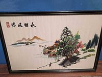 Full view of framed silk embroidery