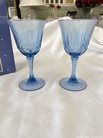 Pair of light blue Avon water goblets standing side by side