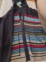 Front view of navy hooded zip sweater with multicolour stripes and pockets, tag visible