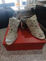 Pair of rose suede Donald J Pliner sandals on box