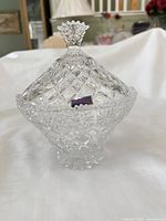 Candy dish with lid, lattice diamond cut pattern visible, Marquis label intact