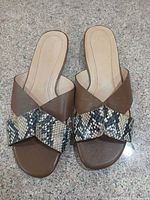 Top view of both sandals showing color, snake print strap, overall design