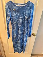 Front view of blue mock denim print long-sleeve bodycon dress