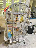 Front side view of grey arched bird cage on stand with toys visible