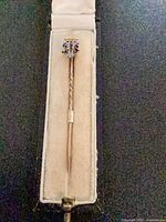 Stick pin in lined case showing crest and twisted shaft