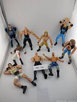 Group shot of all nine wrestling figures standing or lying for size and content overview