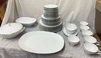 Full lot overview showing stacked plates, cups, serving pieces