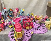 Overview of pony figures, train engine and track