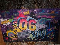 Full view of tapestry showing entire 1990s pop art graphic