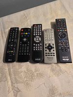 Front view of five remote controls side by side