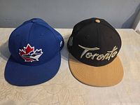 Front view of both caps showing logos and colors