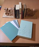 Full lot showing carved bookends, five paperbacks between, and boxed notebook set in foreground