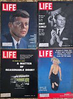 Four Life magazine covers featuring JFK, RFK, Marilyn Monroe and courtroom-themed cover
