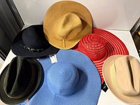 All six hats laid out showing colors and styles