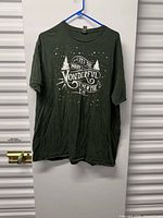 Full view of front of green graphic T-shirt on hanger