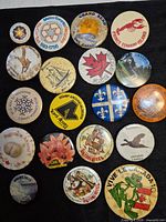 Full set of 20 Canadian pinback buttons laid out on black cloth