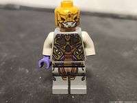 Front view showing head, torso, leg printing and purple right hand