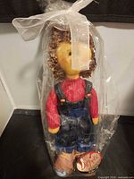 Full view of wax figure sealed in plastic