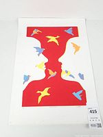 Full view of art print with birds and red silhouette