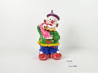 Front view of resin clown coin bank showing colours, balloon, overall condition
