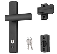 All components laid out: exterior handle, interior latch, deadbolt housing, keys