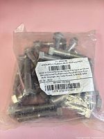 Front of sealed bag showing screws and product label