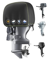 Illustration of black 600D Oxford outboard motor cover on engine with weather-resistant icons